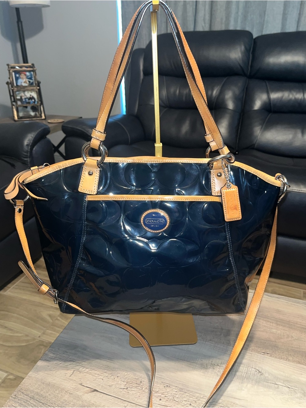 Coach Peyton Navy Patent Leather Tote with Tan Trim and Straps